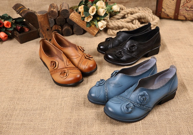 Ethnic style single shoes leather thick with round head women's shoes retro shallow shoes