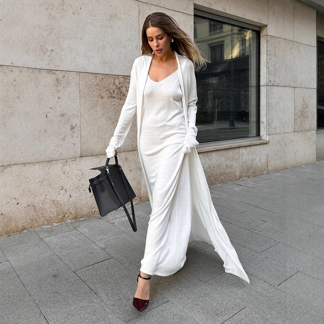 Knitted Long Sleeve Cardigan Suspender Dress Suit