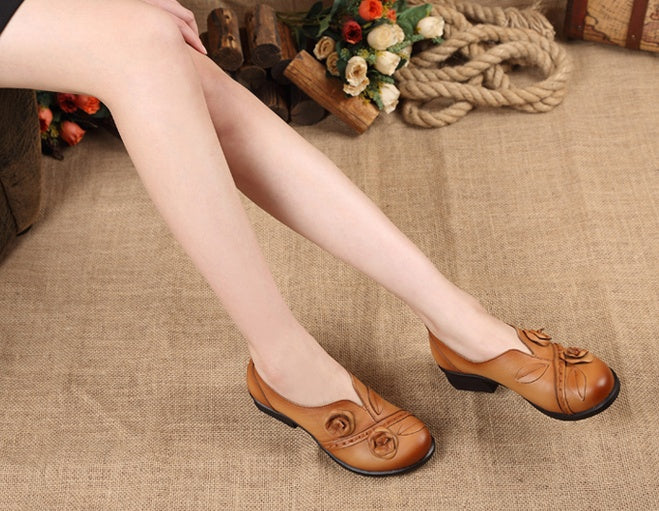 Ethnic style single shoes leather thick with round head women's shoes retro shallow shoes