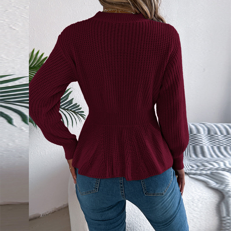 Women's Cable Knit Sweater With Peplum Hem Round Neck Ribbed Waist Top For Spring And Fall