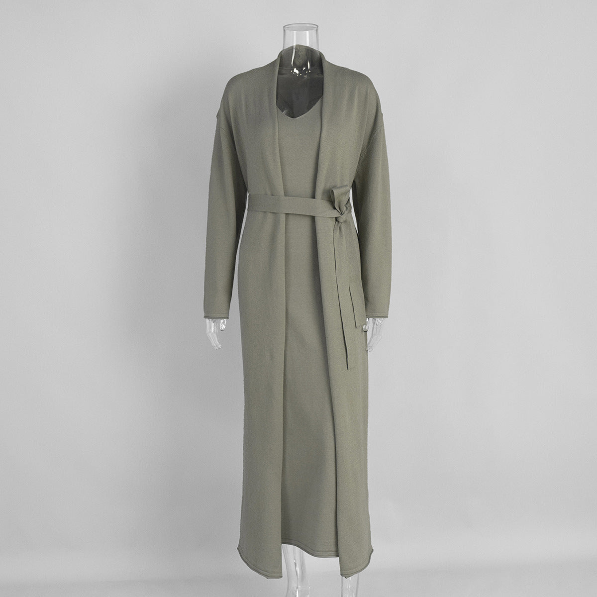 Knitted Long Sleeve Cardigan Suspender Dress Suit