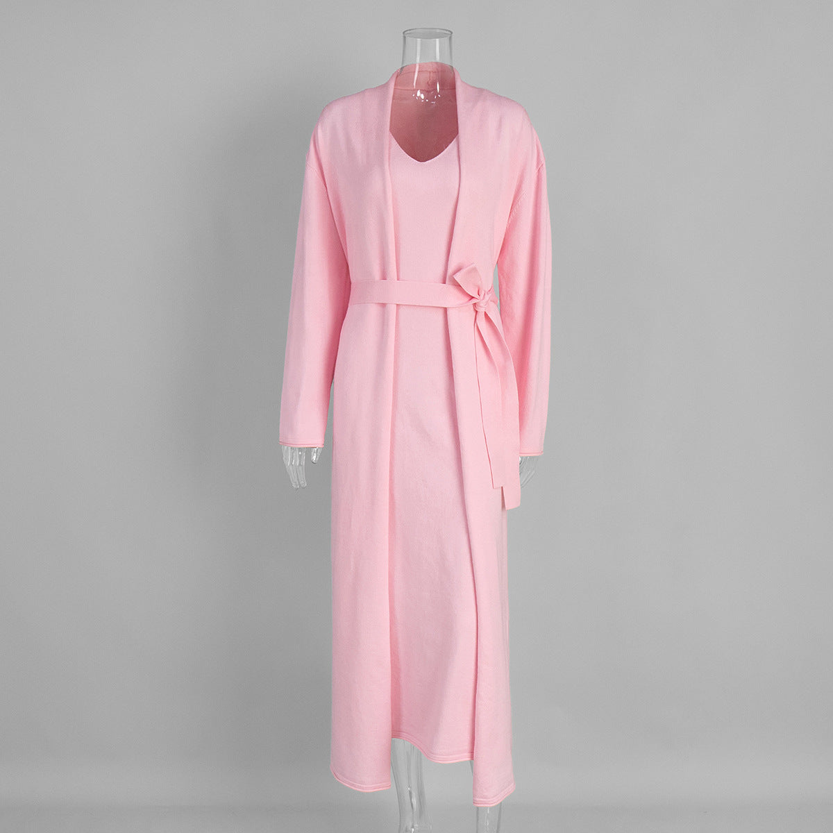 Knitted Long Sleeve Cardigan Suspender Dress Suit