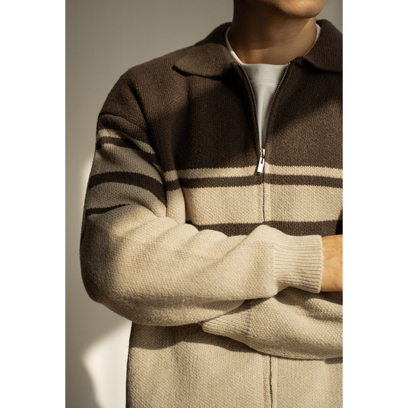Young Contrast Color Striped Lapel Sweater Men's Casual Zipper