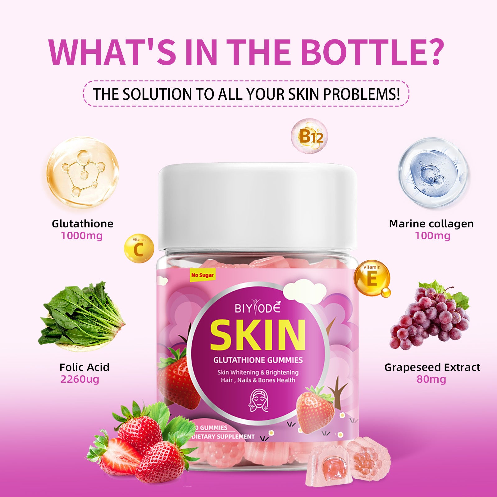 Wholesale Certified Gummies Manufacturer NSF HALAL COA GMP Skin Whitening Hair Nails Bone Health Supplement