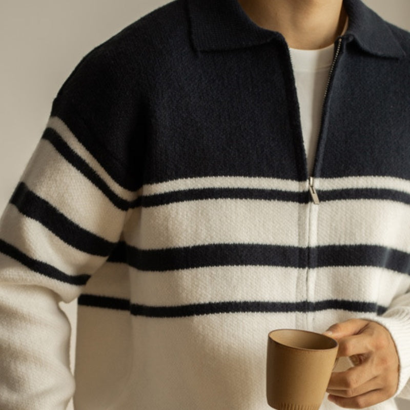 Young Contrast Color Striped Lapel Sweater Men's Casual Zipper