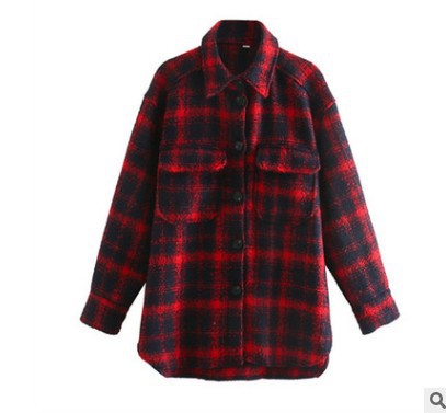 Fashion Ladies Plaid Loose Shirt Woolen Jacket