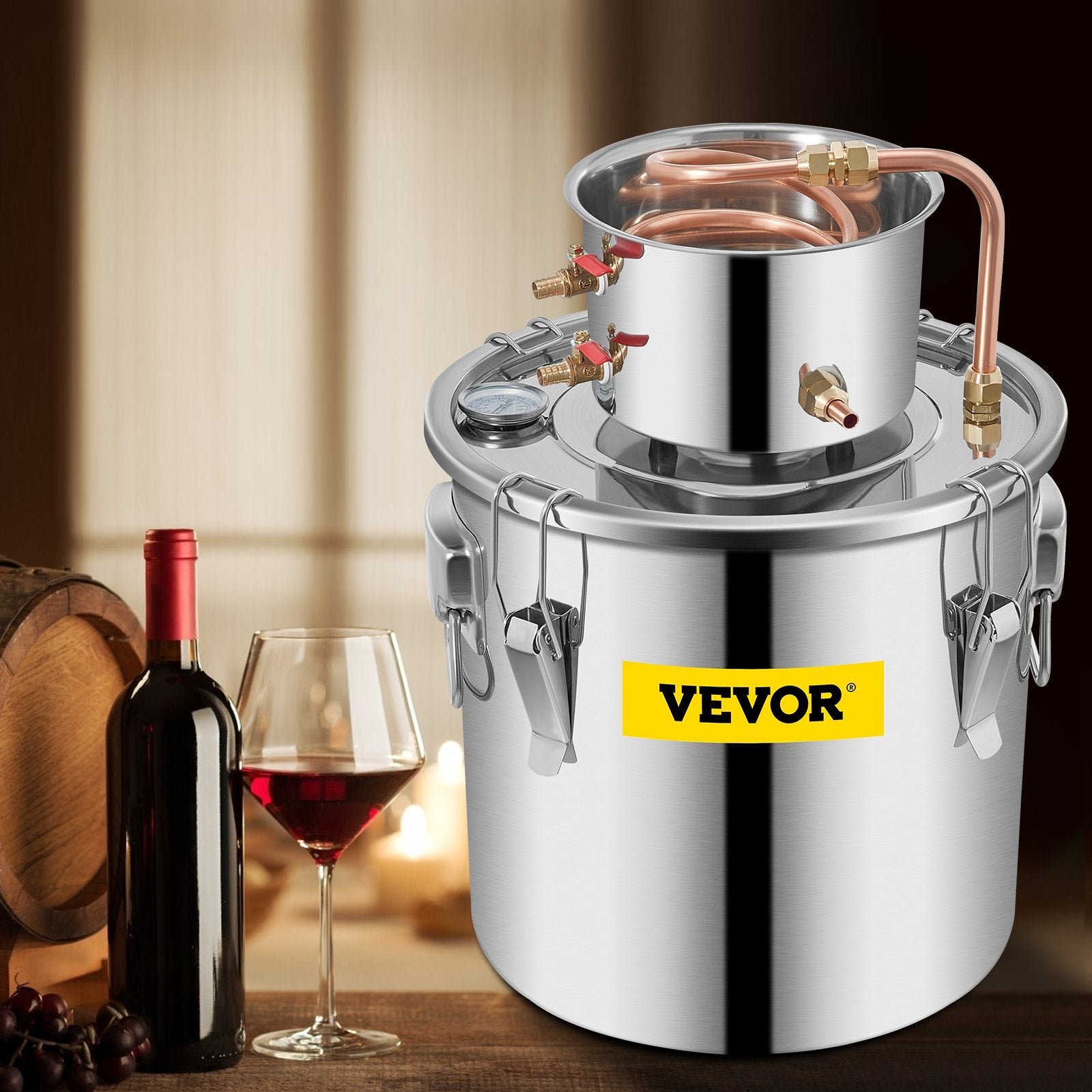 VEVOR Alcohol Still 8Gal 30L Stainless Steel Water Alcohol Distiller Copper Tube Home Brewing Kit Build-in Thermometer For DIY Whisky Wine Brandy