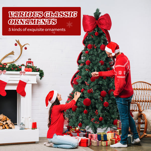 7.5 FT Artificial Christmas Tree With DIY 300 Warm White LED Lights, Hinged Xmas Pine Tree With Giant Bowknot And Red Ball Ornaments For Holiday Party Office Home, Dark Green Tree & Red Decor