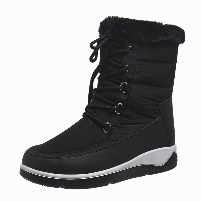 Large High Top Cotton Boots Women's Plush Front Lace Up Side Zipper