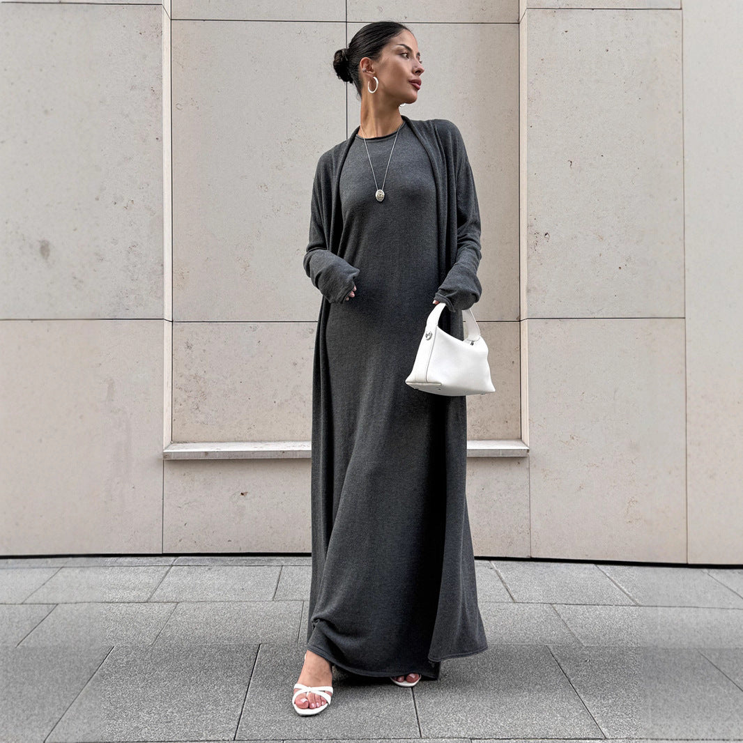 Knitted Long Sleeve Cardigan Suspender Dress Suit