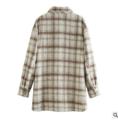 Fashion Ladies Plaid Loose Shirt Woolen Jacket