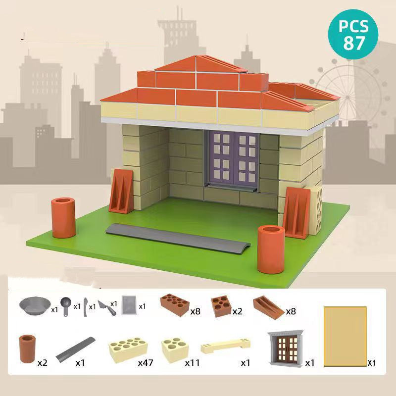 Children Build A House Bricks Assembled Toys