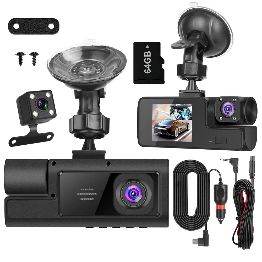 WiFi FHD 1080P Car Dash Cam 3 Channels Front Rear Inside Dash Camera With Loop Recording Reversing Visual 170° Wide Angle 64G Card Included