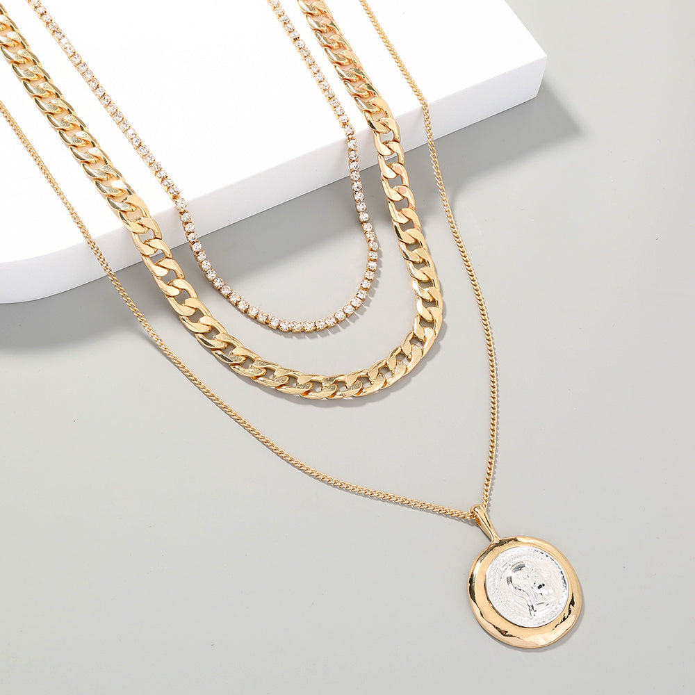 European and American cross-border hot models, retro round brand ins round brand necklace, street fashion, Cuban chain, multi-layered necklace, female