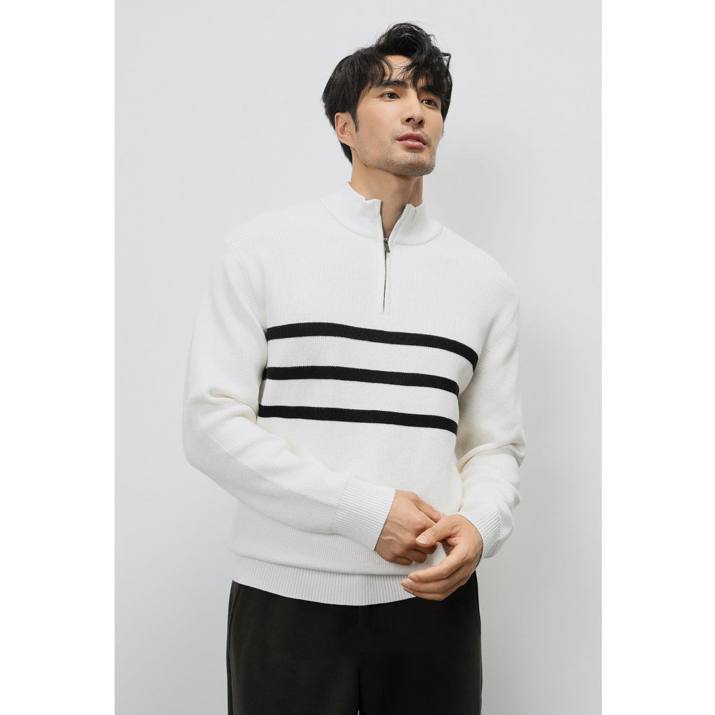 Autumn And Winter New Long-sleeved Knitted Sweater For Men Half-zip Stand-up Collar Stripe