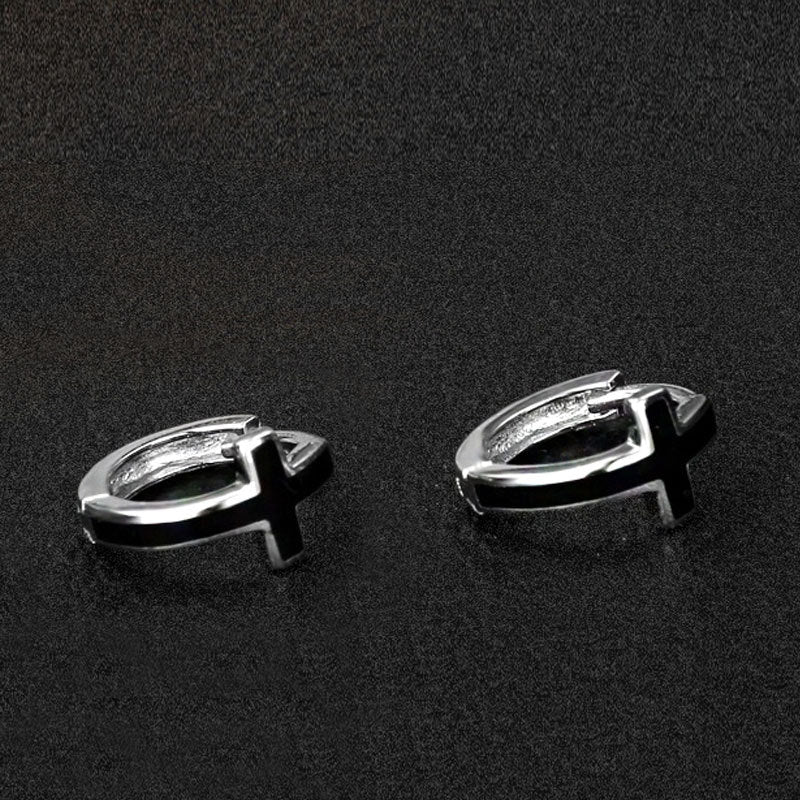 Men's Silver Black Cross Earrings