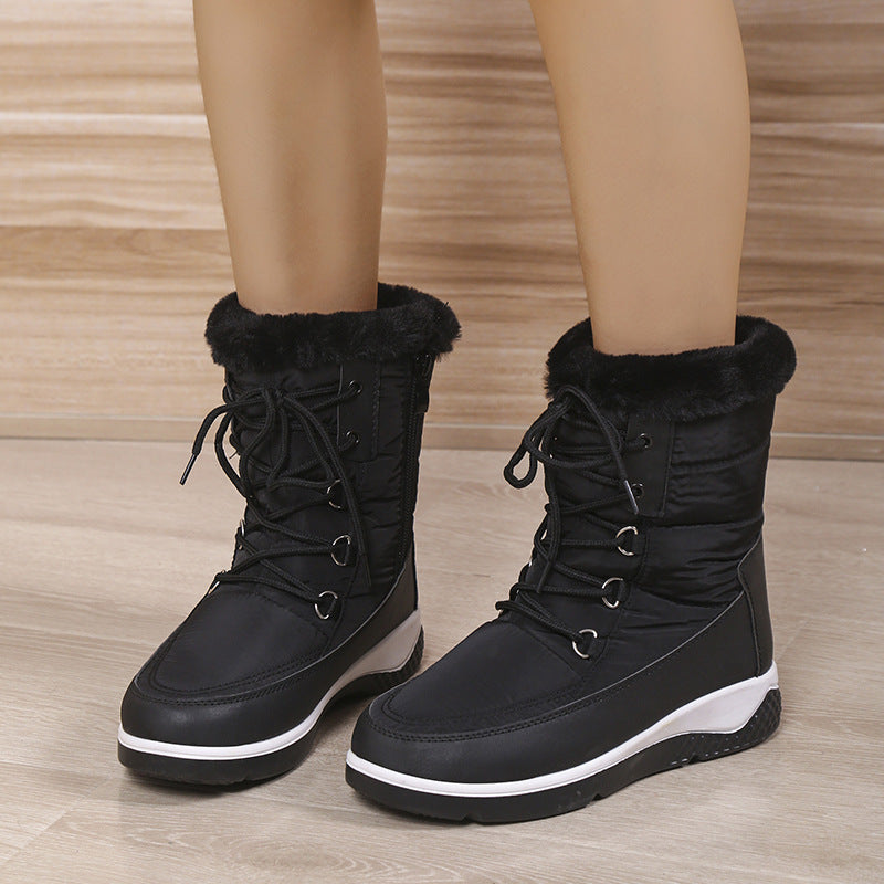 Large High Top Cotton Boots Women's Plush Front Lace Up Side Zipper
