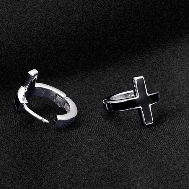 Men's Silver Black Cross Earrings
