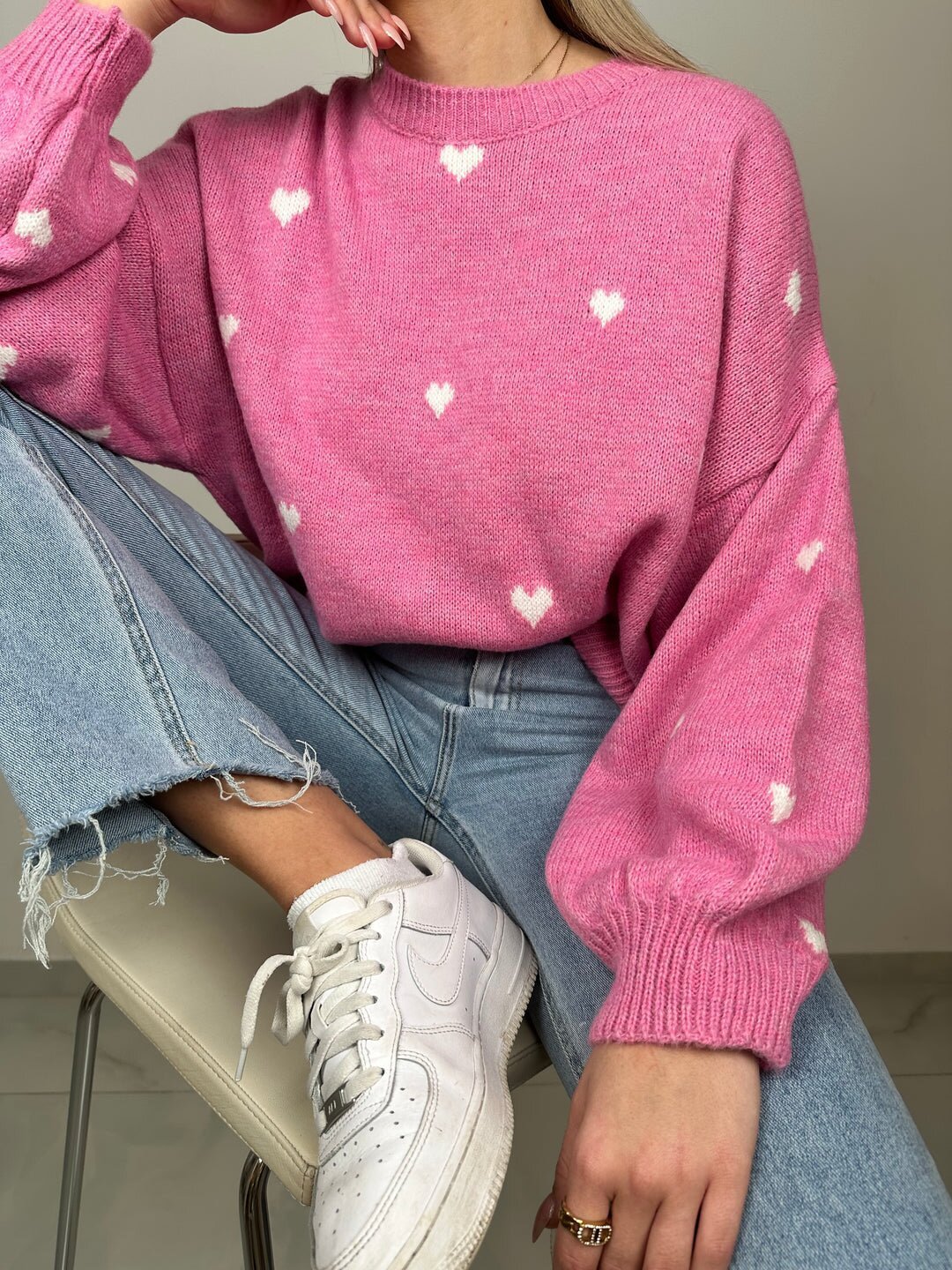 Knitted Heart Round Neck Casual Sweater