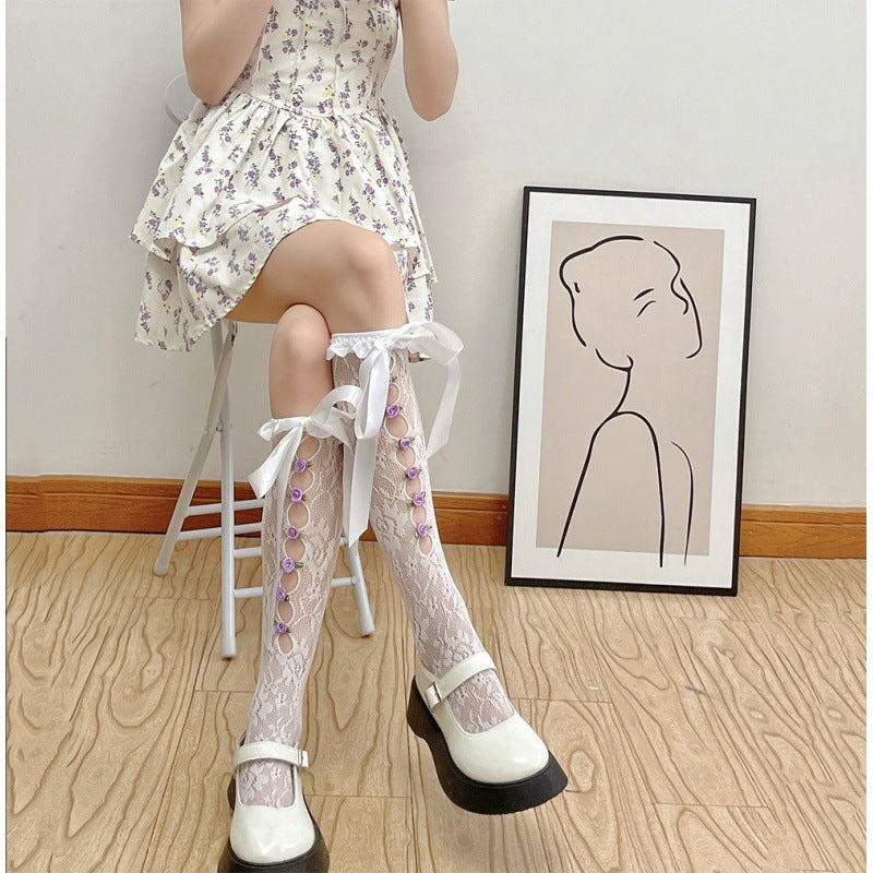 Lace Satin Ribbon Thigh High Socks