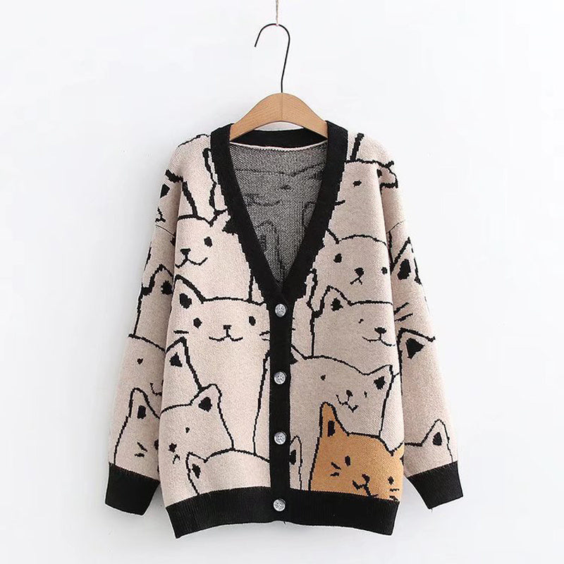 Sweet Outer Wear Knitted Jacquard Full-body Cartoon Cat Single-breasted Cardigan Sweater
