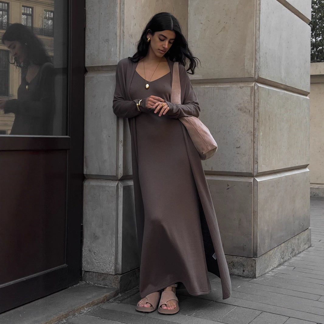 Knitted Long Sleeve Cardigan Suspender Dress Suit