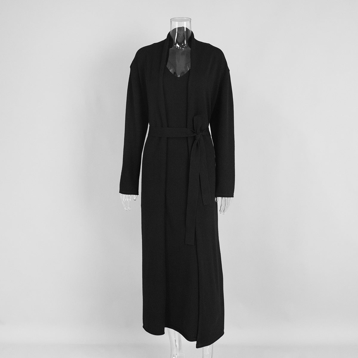 Knitted Long Sleeve Cardigan Suspender Dress Suit