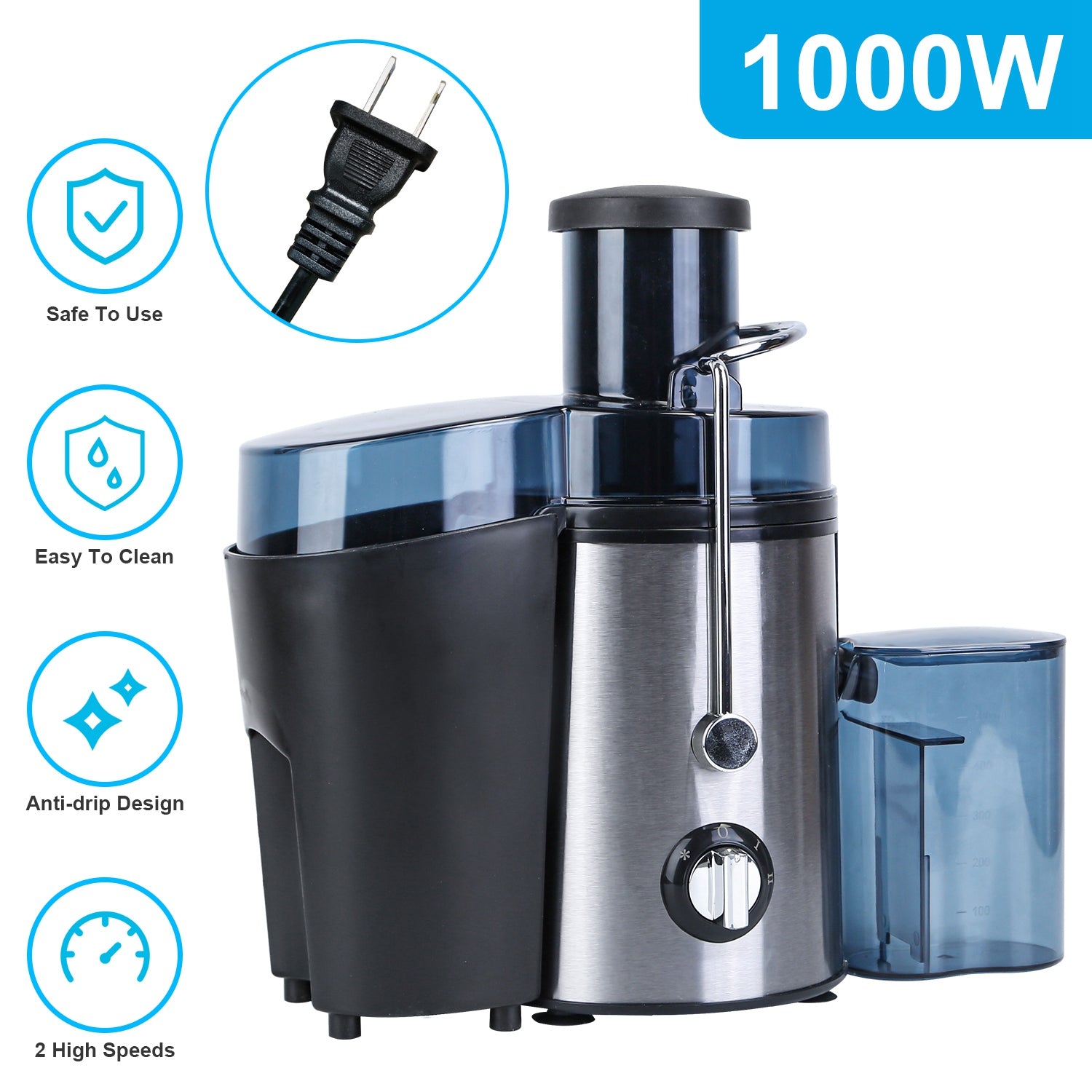 1Pc Centrifugal Juicer Juice Extractor With 2 Speeds 2.6in Wide Feed Chute 17Oz Juicer Cup 54Oz Pulp Collector Electric Juicer For Fruits Vegetables