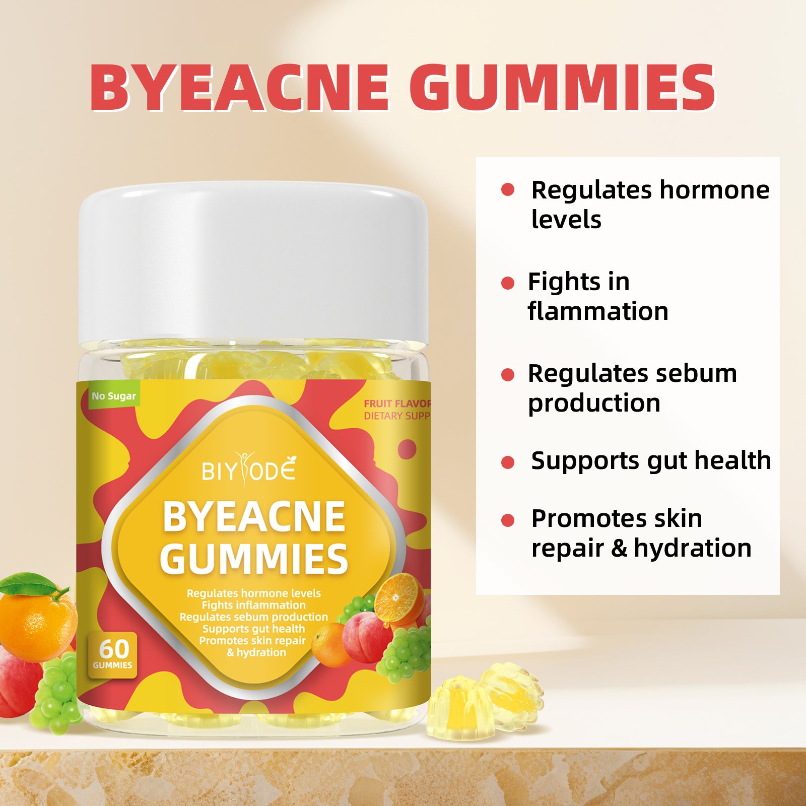 Custom Private Label ByeAcne Gummies -Hormone Balance Reduce Acne &Supports Gut Health No Sugar GMP Certified