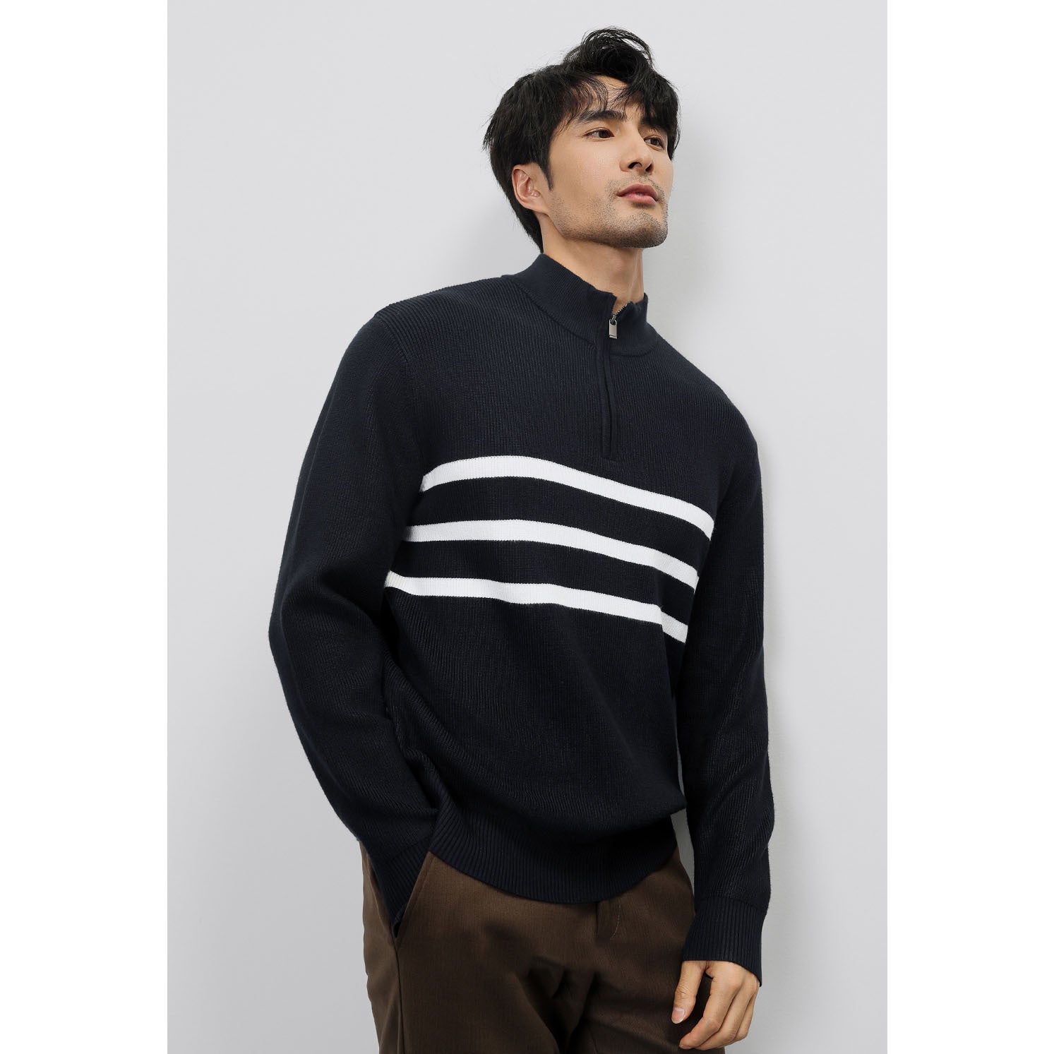 Autumn And Winter New Long-sleeved Knitted Sweater For Men Half-zip Stand-up Collar Stripe