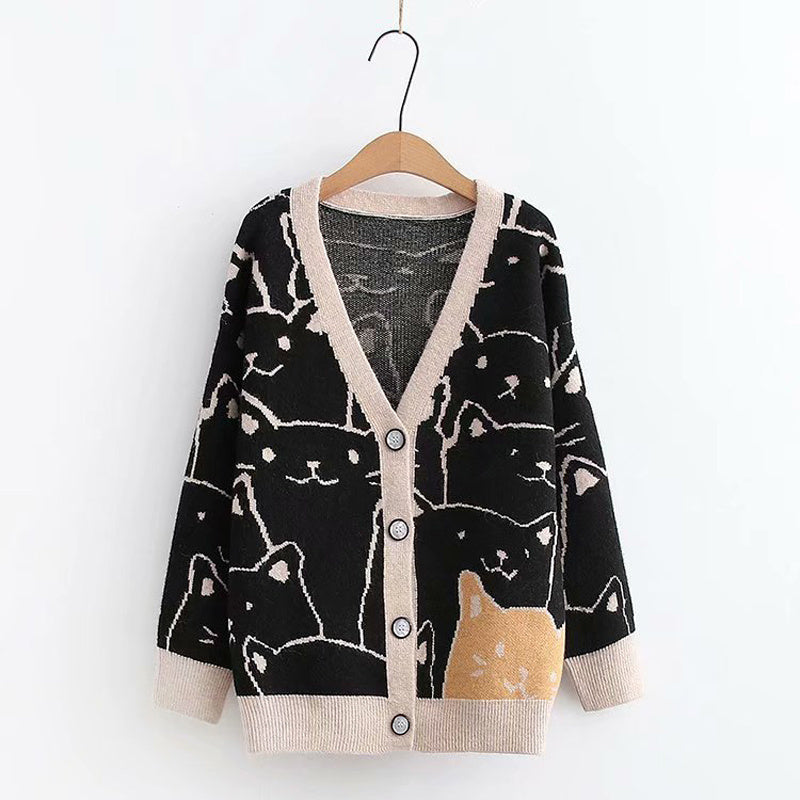 Sweet Outer Wear Knitted Jacquard Full-body Cartoon Cat Single-breasted Cardigan Sweater