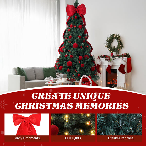 7.5 FT Artificial Christmas Tree With DIY 300 Warm White LED Lights, Hinged Xmas Pine Tree With Giant Bowknot And Red Ball Ornaments For Holiday Party Office Home, Dark Green Tree & Red Decor