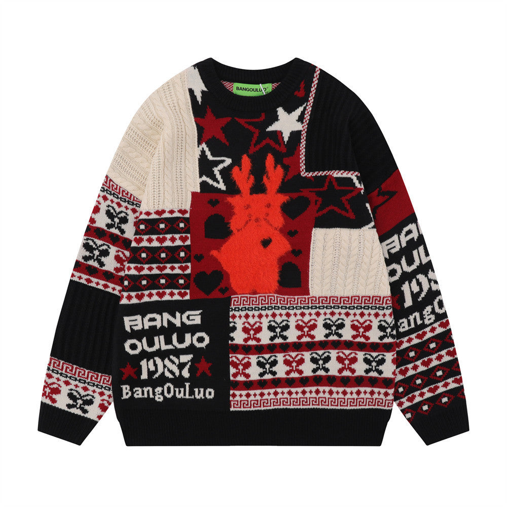 Christmas Cartoon Contrasting Color Jacquard Pullover Sweater