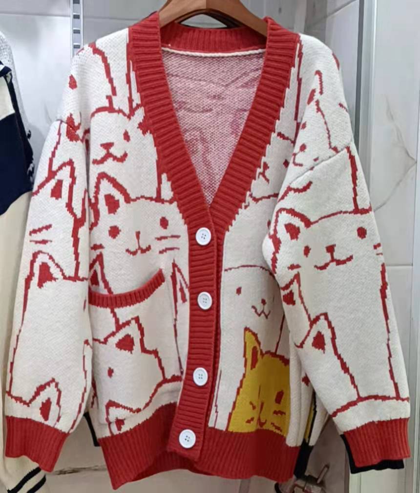 Sweet Outer Wear Knitted Jacquard Full-body Cartoon Cat Single-breasted Cardigan Sweater