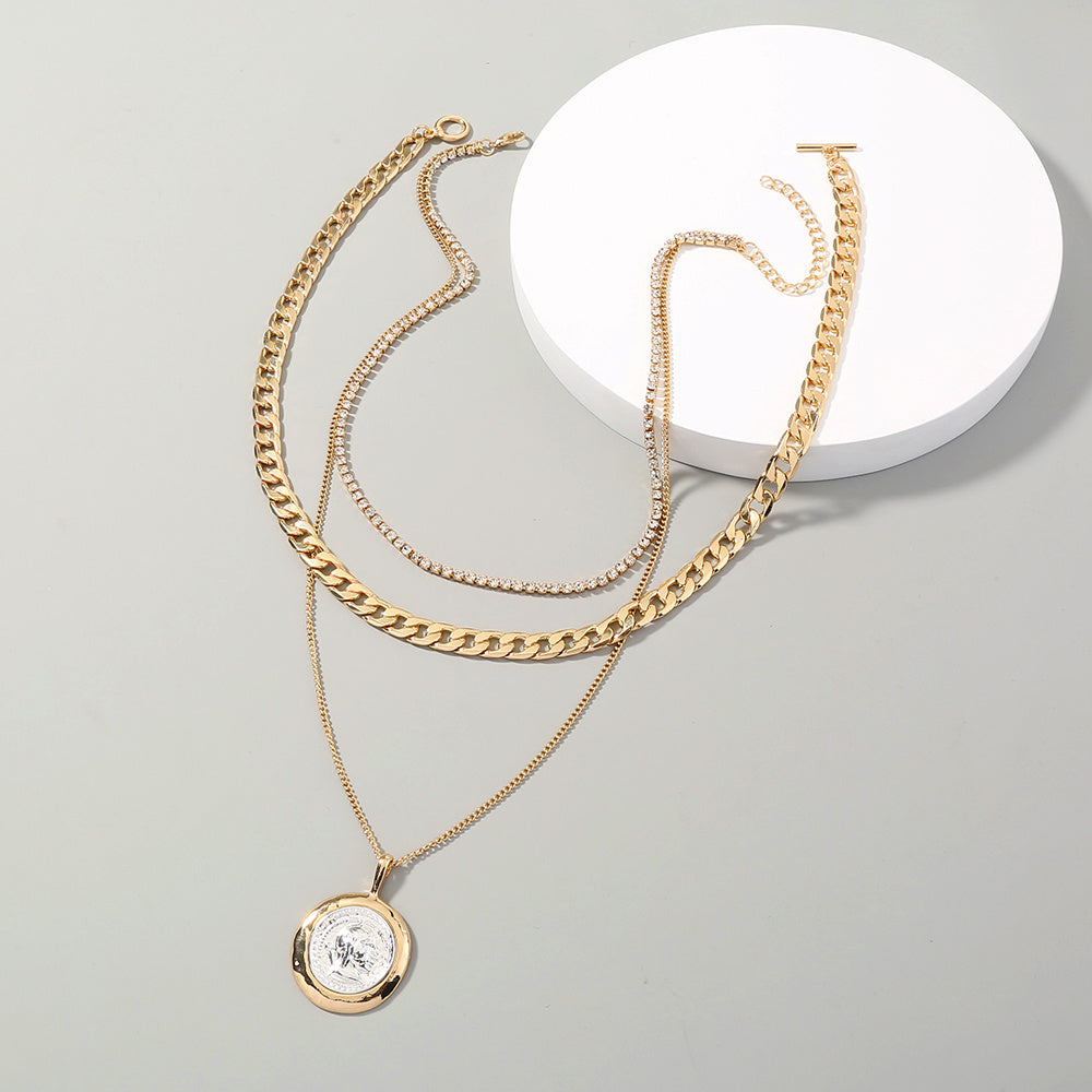 European and American cross-border hot models, retro round brand ins round brand necklace, street fashion, Cuban chain, multi-layered necklace, female