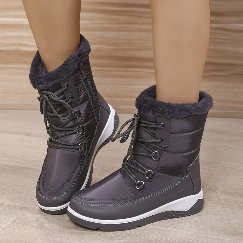 Large High Top Cotton Boots Women's Plush Front Lace Up Side Zipper