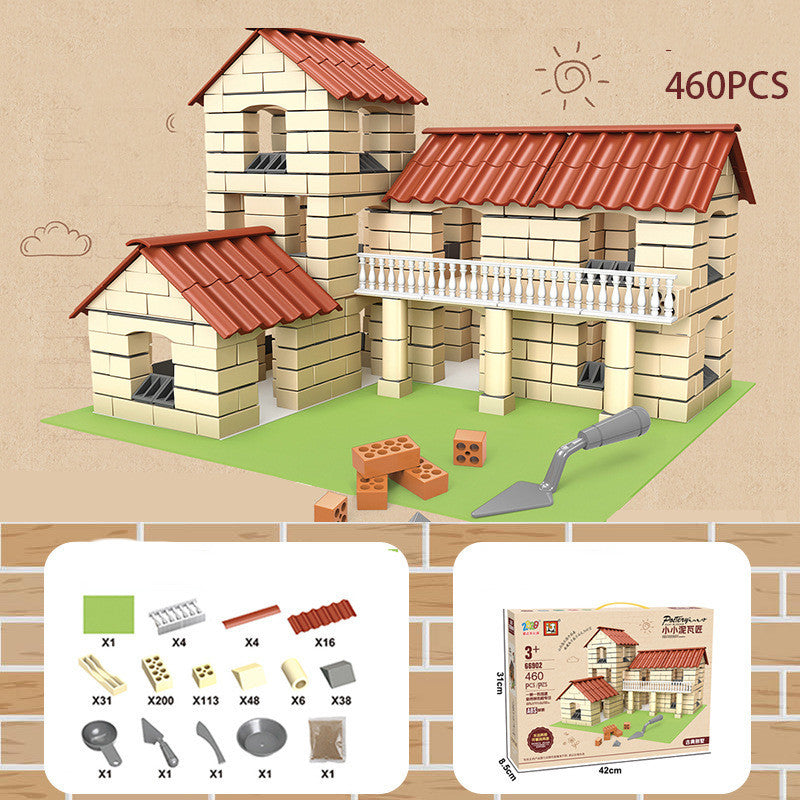 Children Build A House Bricks Assembled Toys