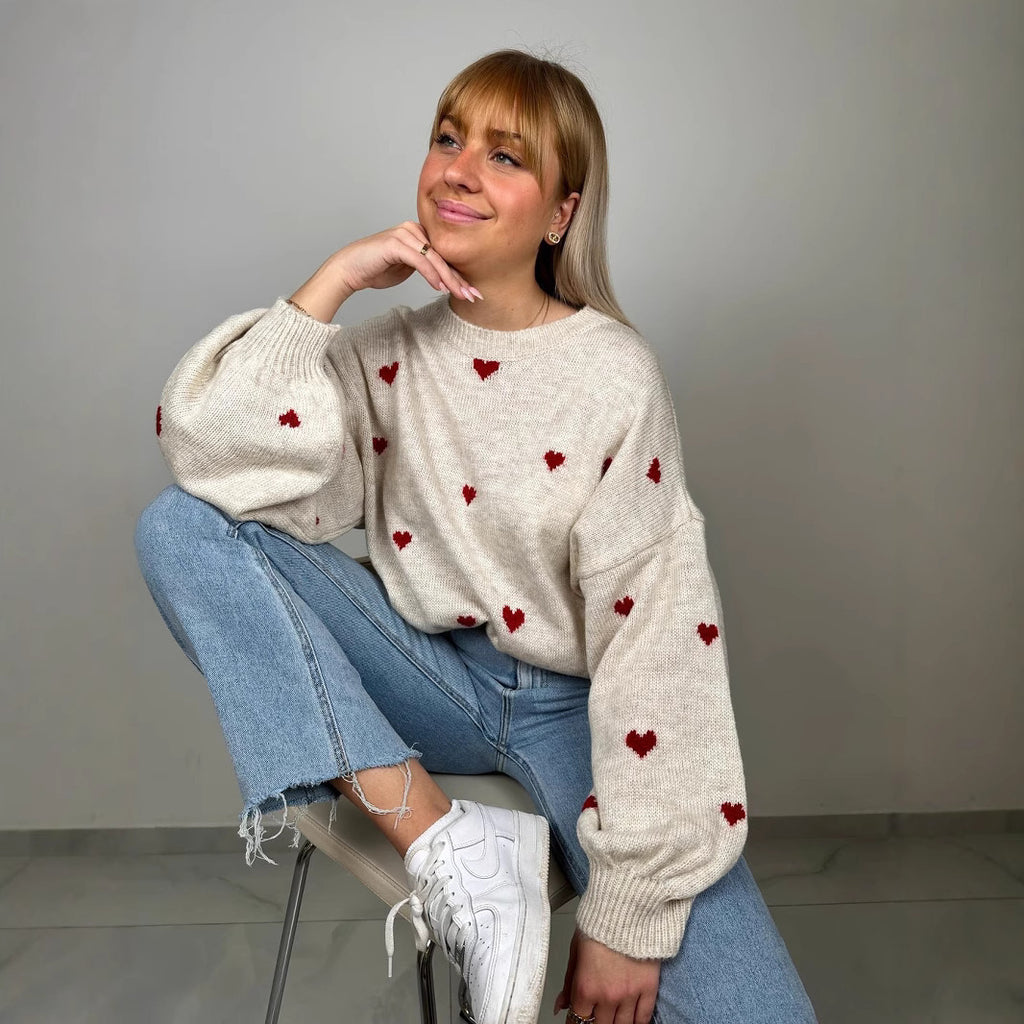 Knitted Heart Round Neck Casual Sweater
